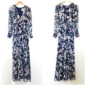 NWT TJD floral pearl buttons blue lined cutouts maxi dress size XS